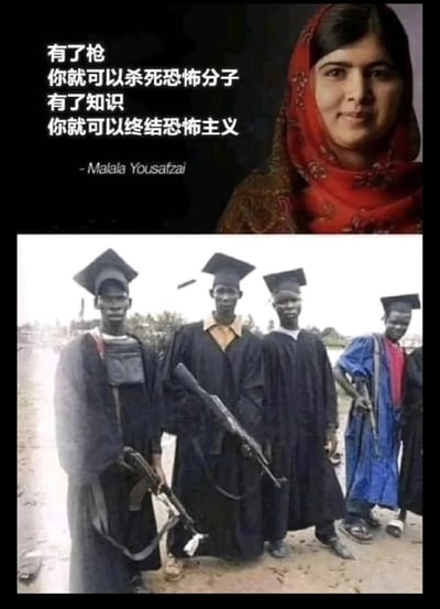 这是一张上下拼接的反差类梗图，上半部分呈现的是诺贝尔和平奖得主、女性教育权倡导者马拉拉·优素福扎伊的肖像，搭配她的名言“有了枪你就可以杀死恐怖分子，有了知识你就可以终结恐怖主义”，传递出知识能从根源消解暴力的理念；下半部分是四名身着学士服、头戴学士帽的黑人，他们同时持有枪械，与上半部分的文字形成强烈的现实反差，以荒诞的画面制造讽刺幽默效果，调侃了知识与暴力武装并存的矛盾场景。