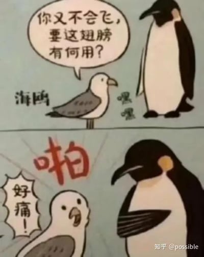 这是一幅上下分栏的连环卡通梗图：上栏中，海鸥对着企鹅嘲讽道“你又不会飞，要这翅膀有何用？”，还带着“嘿嘿”的得意语气；下栏里，企鹅直接用自己的翅膀扇向海鸥，海鸥捂着脸痛呼“好痛！”。笑点在于企鹅用实际行动证明，自己的翅膀即便不能飞行，也有攻击的用途，直接打脸了海鸥的嘲讽。