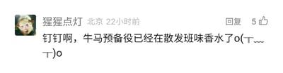 这是一张来自国内社交平台的评论区静态截图，展示了用户“猩猩点灯”（IP地址显示为北京）在22小时前发布的一条回复评论。评论内容为“钉钉啊，牛马预备役已经在散发班味香水了o(╥﹏╥)o”，并获得了5个点赞。用户使用了当下流行的职场相关网络热梗，“牛马”指代即将进入职场、将被工作支配的新人，“班味”则用来形容职场人身上自带的被工作消磨后的疲惫感与刻板感，搭配哭泣的颜文字，传递出对被办公软件钉钉绑定的职场生活的无奈与吐槽情绪。评论的头像是一个戴着眼镜的卡通猴子，表情看起来略带无奈，与评论的消极情绪相契合。