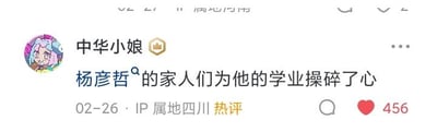 这是一张社交媒体平台的热评截图，用户「中华小娘」以卡通女孩为头像发布评论：「杨彦哲的家人们为他的学业操碎了心」，该评论被标注为热评，IP属地显示为四川，发布时间为02-26，收获了456个点赞，界面呈现出典型的社交平台评论区样式，图文结合展示这条充满感慨的评论内容。