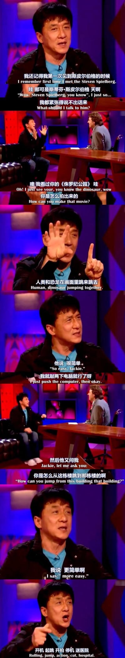 这是一组由国外脱口秀访谈截图拼接而成的梗图，成龙在节目中幽默讲述自己初见好莱坞导演斯皮尔伯格的趣事：起初紧张到语无伦次，随后询问对方《侏罗纪公园》中人和恐龙同框的拍摄手法，得到“敲两下电脑就行”的轻松回答；当斯皮尔伯格反过来问他如何完成跨楼跳的特技时，成龙自嘲式回应“开机、起跳、开拍、停机、送医院”，用反差感拉满的对话调侃自己拍戏玩命的特技风格，笑点十足。