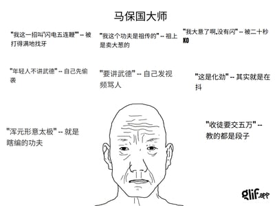 这是一张梳理马保国相关网络段子和名场面的盘点梗图。图片为线描头像，并在周围罗列了马保国在网络流行的各种“武德”、“功夫”、“被KO”等搞笑台词和行为，侧重讽刺其嘴上讲武德、实际却被秒杀、收徒敛财等矛盾行为。

内容包含大量反讽和双关（如一边说“讲武德”，一边自己不守规矩），明显用于调侃伪武术大师和网络骗局，适合娱乐、吐槽社交场景。