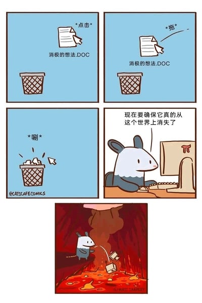 这是一则由五格组成的连环卡通漫画，前四格呈现了一只蓝白配色的小老鼠在电脑前的操作流程：先是点击选中名为“消极的想法.DOC”的文档，接着将其拖入回收站，随后清空回收站；第四格中小老鼠坐在电脑前，说出“现在要确保它真的从这个世界上消失了”这句话，表现出彻底消除消极想法的决心。最后一格的场景极具夸张感，小老鼠来到火山边缘，将电脑的硬盘部件扔进下方的岩浆中，用这种极端的物理销毁方式，来确保包含消极想法的文件彻底消失。漫画用可爱的卡通形象和夸张的硬核操作，以幽默的方式传递出想要完全摆脱消极情绪的强烈意愿，风格治愈又有趣。