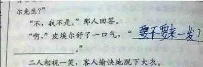 这是一段纯文字形式的趣味对话内容，描绘了皮埃尔与客人的互动场景：皮埃尔率先询问“你先生？”，客人回应“不，我不是。”，皮埃尔松了一口气后向客人发出“要不要来一发？”的邀请，随后二人相视一笑，客人愉快地脱下大衣。
这段对话的核心趣味点在于双关梗：“要不要来一发”既可以理解为日常的递烟邀请，同时又带有暧昧的暗示，结合客人脱大衣的行为，让这段对话充满了调侃感和趣味性。
