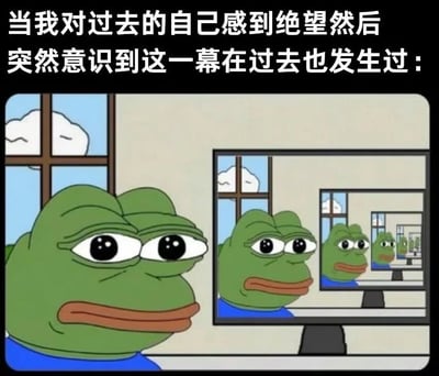 图片展示了悲伤的佩佩蛙看着镜子，镜子里有无限延伸的佩佩蛙倒影。上方文字写着："当我对过去的自己感到绝望然后突然意识到这一幕在过去也发生过："。这张梗图通过无限镜像的视觉效果，幽默地表达了人们对过去的自己感到失望，却意识到这种失望情绪本身也在不断重复的循环感受。
