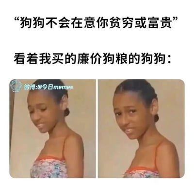 这是一张利用反差感制造笑点的搞笑梗图，上方配有两段文字，第一段“狗狗不会在意你贫穷或富贵”是大众对狗狗忠诚、不挑剔的普遍认知，第二段“看着我买的廉价狗粮的狗狗：”则引出下方的图片内容。下方是左右拼接的两张真人表情图，左侧人物眼神低垂、嘴角撇起，露出嫌弃不满的神情；右侧人物侧头看向镜头，表情带着无奈与一丝幽怨，用人类的真实表情来拟人化狗狗看到廉价狗粮时的反应，打破了“狗狗不介意贫富”的固有印象，以幽默的方式调侃狗狗其实也会对食物品质产生情绪，引发养宠用户的共鸣。