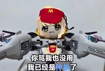图中展示了一个被拼贴在机甲躯干上的麦当劳主题玩偶：玩偶戴着印有麦当劳M标识的红色工作帽，胸前挂着麦当劳薯条样式的装饰，机甲的双臂是大型机械炮。画面下方配有文字“你骂我也没用 我已经是种批了”。
谐音梗说明：“种批”是“中批”的谐音，指代彻底摆烂、破罐破摔的状态，结合麦当劳打工人的设定，生动表现出被工作消磨后，任人指责也毫不在乎的摆烂心态，风格搞笑又充满无奈。