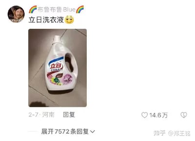 这张图片是一条社交平台上的评论配图，内容是一个人分享了一瓶名为“立白”的洗衣液，并配有一个微笑表情。贴文下方有大量点赞和回复，说明此内容极具传播度和网友互动。图片中的洗衣液品牌“立白”和汉字“李白”同音，形成了巧妙的谐音梗，引发网友玩梗和二次创作。整个氛围轻松幽默，带有些许冷幽默的意味。

双关/谐音梗说明：
“立白”与唐代诗人“李白”同音，带来了谐音幽默感。