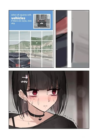 这是一幅由三个画面组成的二次元风格吐槽漫画。左上是一个类人机验证界面，界面上方英文提示“select all squares with vehicles if there are none, click skip”（选择所有包含车辆的方块，若无则点击跳过），并配有一辆黑色SUV尾部的示例图，下方九宫格的左下角区域呈现出黑色SUV的尾部；右上是九宫格中某一方块的放大图，显示的内容与车辆无关；下方是一位留着黑色短发、佩戴可爱发饰的红眼睛二次元少女，她眼眶泛红，满脸泪痕，神情委屈崩溃。漫画通过这种反差，吐槽了部分人机验证的反人类设计——看似是目标物体的区域，放大后却是其他内容，导致用户无法顺利完成验证，最终情绪崩溃。