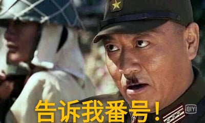 图片为抗日题材影视剧中的场景截图，画面主体是一名戴着军帽、表情严肃的日军军官，眼神锐利，嘴巴微张，似乎正在厉声质问。其身后还有另一名模糊的士兵形象。图片下方有醒目的黄色文字“告诉我番号！”，整体营造出紧张严肃的氛围。该截图常被网友用作表情包，用于在网络交流中夸张地询问对方身份、归属或相关编号等信息。