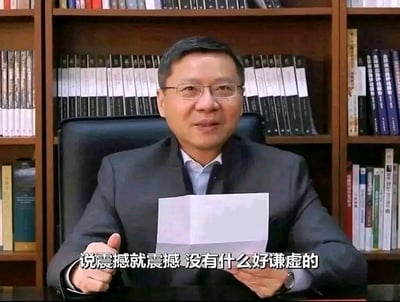 这张梗图中真实人物张维为戴着眼镜、身穿灰色西装坐在摆满书籍的书架前，左手拿着纸张，右手竖起大拇指，图片底部配有文字“说震撼就震撼 没有什么好谦虚的”，整体传递出笃定认可的态度。