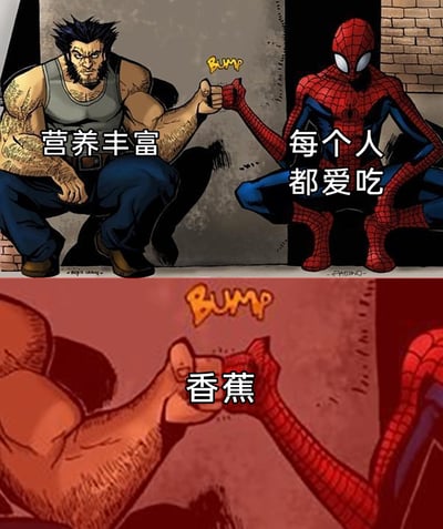 这是一张上下分栏的二次创作卡通梗图，上半部分展示漫威宇宙的两个经典角色金刚狼和蜘蛛侠蹲在墙边碰拳，金刚狼旁配文“营养丰富”，蜘蛛侠旁配文“每个人都爱吃”；下半部分是两人碰拳的特写画面，配文“香蕉”。通过超级英雄达成共识的搞笑形式，调侃香蕉营养丰富、受众广泛的特点，用无厘头的方式制造笑点，属于社交媒体上常见的趣味内容。