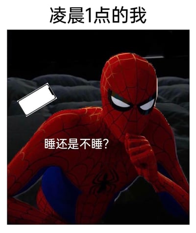 这是一张改编自动画电影《蜘蛛侠：平行宇宙》的表情包，画面呈现的是动画风格的蜘蛛侠，他将手放在嘴边，眉头紧皱，神情满是纠结。图片顶部配有文字‘凌晨1点的我’，蜘蛛侠身前标注着‘睡还是不睡？’，画面左侧还添加了一个亮着屏幕的手机元素。该图精准还原了当代人在凌晨时分，明明已至深夜，却握着手机陷入‘睡还是不睡’的矛盾中的普遍状态，生动戳中熬夜人群的日常痛点，极易引发共鸣。