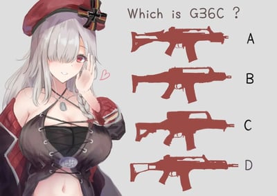 这是一张图文结合的二次元趣味测试插画，左侧是手游《少女前线》中的战术人形G36C，她有着银白长发，佩戴带有铁十字标识的红色贝雷帽，身穿设计独特的露肩服饰，面带红晕，抬手做出俏皮的互动动作，旁侧还有爱心图案增添可爱氛围。右侧展示了A、B、C、D四个红色的枪械剪影，上方配有英文文字“Which is G36C？”，要求识别出对应G36C原型枪的剪影，其中正确选项为A，G36C作为G36系列的短管紧凑型枪械，其折叠枪托、紧凑机匣的特征与A的剪影完全匹配。