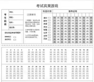 这是一张模仿正规考试答题卡样式制作的趣味图，标题为“考试宾果游戏”，其中“宾果”谐音“并过”，是玩了谐音梗，寓意希望所有考试科目全部通过。图中完整还原了答题卡的布局：上方设有考生信息填写区（学校、班级、姓名、座位号）、监考老师填涂的缺考/违纪标记区，还有详细的注意事项；中间是科目代号填涂区，涵盖语文、数学、英语、政治、物理、化学、生物、历史、地理等常见学科，每个科目对应代号填涂框；下方是40道题的选项填涂区域，每道题都设置了[A][B][C][D][E]五个填涂选项。整体用学生熟悉的答题卡形式，结合谐音梗来表达对考试全过的美好期许，风格轻松搞笑，贴合学生群体的考试季心理。