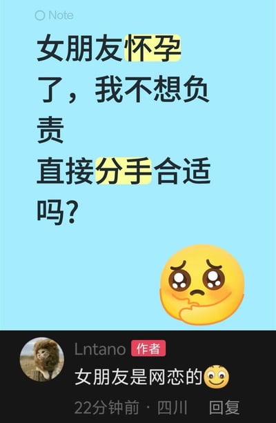 这张图是社交平台内容截图，整体分为上下两部分：上半部分是浅蓝色背景的提问内容，文字为“女朋友怀孕了，我不想负责直接分手合适吗？”，其中“怀孕”“分手”两个词用黄色高亮标出，右下角配有一个眼神委屈、嘴角纠结的小黄脸表情，左上角有浅灰色的“Note”标识；下半部分是该提问作者的评论回复，作者昵称为Lntano，头像是戴着狮子头套的猫咪，标注有“作者”标识，回复内容为“女朋友是网恋的”，配有一个挑眉微笑的小黄脸表情，回复显示发布于22分钟前，定位为四川。整个内容因提问本身的不负责任已经足够离谱，而作者补充的网恋说明更让网友感到荒谬，形成双重笑点。