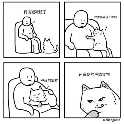四格漫画描绘了一个想减肥的人和他的猫的温馨搞笑日常。第一格：人坐在椅子上摸着肚子说“我该减减肥了”；第二格：猫坐在人腿上安慰道“我更喜欢现在的你”；第三格：人开心地抱着猫，把猫当作“舒适的靠枕”；第四格：猫露出得意表情说“还有我的应急食物”，暗示主人胖了也有好处。