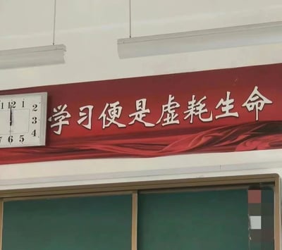 这是一张在教室内部拍摄的静态照片，画面上方的墙面上悬挂着一条红色底、白色字体的横幅，横幅上写着“学习便是虚耗生命”这句与传统校园鼓励学习的标语完全相悖的内容；横幅左侧的方形挂钟显示时间为6点整；横幅下方是教室的绿色黑板，整体场景是典型的校园教室环境，这句反向标语带有强烈的调侃意味，传递出对学业压力的吐槽与厌学情绪。