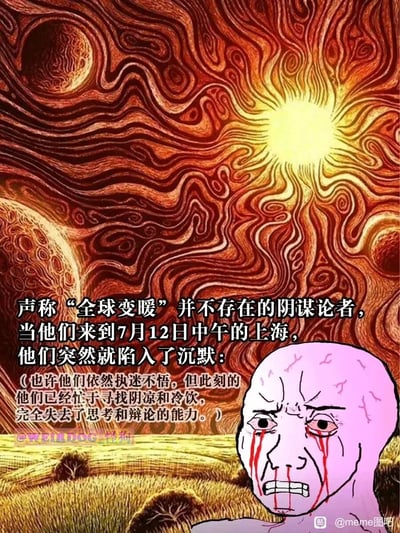 这是一张针对全球变暖议题与上海极端高温事件的讽刺类meme图。背景采用扭曲的暖红色调纹路搭配高悬的刺眼太阳、干枯的草地，营造出极端酷热的压抑氛围。右下角的卡通人物改编自Wojak系列的痛苦脸模板，面部泛红、眉头紧锁，双眼泛红且有类似血泪的液体流下，表情充满痛苦与煎熬，生动呈现出在极端高温下的崩溃状态。图中文字以幽默讽刺的口吻描述：声称“全球变暖”不存在的阴谋论者，来到7月12日中午的上海后陷入沉默，此刻的他们只顾寻找阴凉与冷饮，完全失去辩论能力，以此调侃上海的极端高温，同时尖锐讽刺否认全球变暖的错误言论。