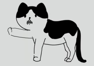这是一张简单的线稿风格卡通图像，描绘了一只黑白配色的猫咪。猫咪站立姿势，身体主要为白色，耳朵、头顶、背部及尾巴为黑色。它正伸出右前爪，眼睛圆小，嘴巴微张，表情显得中性平和。整体画风简洁，线条流畅，背景为单一的浅灰色，无其他装饰或文字内容。