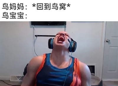 这是一张图文结合的搞笑拟人梗图，画面上方配有两行中文文字：第一行是“鸟妈妈：*回到鸟窝*”，第二行是“鸟宝宝：”，用文字设定了场景；画面下方是一位戴着黑蓝拼色耳机、穿着蓝橙拼色运动背心的肌肉男性，他仰头张大嘴巴，面部肌肉紧绷，情绪极度激动地大喊，用人类这种夸张的神态和动作，来拟人化表现鸟宝宝看到觅食归来的鸟妈妈时，急切索要食物的兴奋状态，通过将动物行为与人类的过激反应结合，制造出滑稽的喜剧效果。