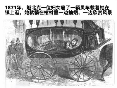 图片展示了一幅19世纪风格的黑白插画，描绘了1871年发生在魁北克的一个离奇场景：一位女子躺在灵车的棺材里，一边抽烟一边欣赏街景。插画中可以看到装饰华丽的灵车由马拉着，车旁有几位戴着礼帽的路人正驻足观看这一奇特景象。整个画面充满了历史感和荒诞色彩，展现了一个打破常规的有趣历史瞬间。