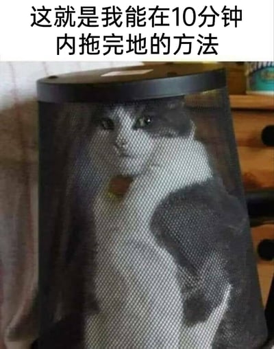 这是一张铲屎官视角的趣味玩梗图，上方配文“这就是我能在10分钟内拖完地的方法”，图中一只灰白花色的猫咪被关在网兜样式的垃圾桶中，猫咪眼神无奈又带着委屈，看起来十分茫然。这个图的笑点在于，猫咪常常会在主人拖地时捣乱，把猫咪暂时关起来，就能不受干扰地快速完成拖地任务，是铲屎官们应对猫咪妨碍做家务的趣味解决方案，精准戳中养猫人群的日常痛点，充满生活趣味。
