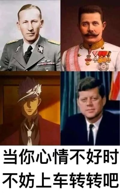 这是一张多图拼接的文字加注梗图，由四张人物肖像图和底部的两行文字组成。左上是莱因哈德·海德里希，他身着军装，表情严肃冷峻，眼神直视镜头；右上是斐迪南大公，身着挂满勋章的军装，表情严肃地看向镜头；左下是动漫《JOJO的奇妙冒险》中的花京院典明，他身着深色外套，眼神锐利，表情冷峻；右下是约翰·肯尼迪，身着西装，表情严肃地看向镜头。底部配文为“当你心情不好时 不妨上车转转吧”，这是利用四位人物都在乘车时遭遇致命袭击的共同经历，打造出反讽的黑色幽默效果，用看似建议散心的话语，结合人物的悲剧遭遇制造笑点。