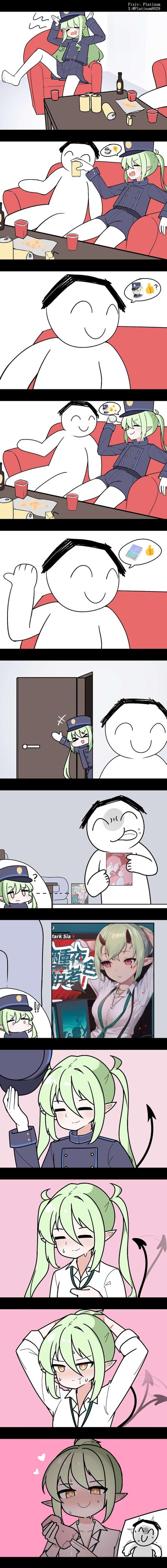 这是一则原创多格搞笑卡通漫画，以竖屏超长图的形式呈现：绿发女警和白色小人在酒桌喝嗨后，白色小人用点赞表情暗示想要女警相关的成人向本子，女警心领神会笑着离开；随后白色小人拿出一本鬼形态女警的本子，紧接着女警真的变身成了本子里的鬼化形态，最后甚至害羞到“黑化”，整个故事充满了二次元趣味和反差感，搞笑十足。