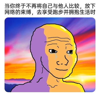 这是一张基于经典网络梗图Wojak（Feels Guy）二次创作的治愈系图文内容，上方配有文字“当你终于不再将自己与他人比较，放下网络的束缚，去享受跑步并拥抱生活时”。图中的Wojak角色眼含泪水却面带平静释然的微笑，背景是色彩绚烂的日落晚霞，整体画面传递出摆脱外界比较焦虑、放下网络束缚后，回归生活本真、享受跑步与当下的解脱感与治愈感，泪水是对过往焦虑的告别，也是对回归生活的感动。