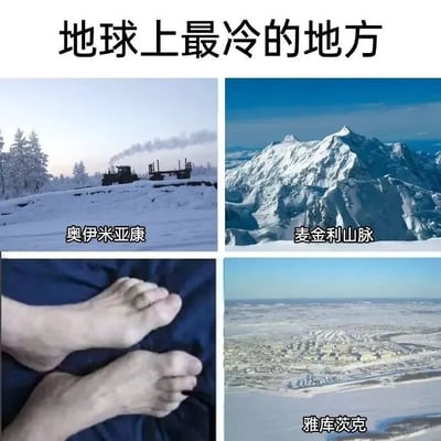 图片为2x2网格布局的多图拼接，上方中央标题为“地球上最冷的地方”。左上角是奥伊米亚康的雪景，可见覆雪的树木和冒着白烟的车辆；右上角为麦金利山脉的雪山全景，山体被厚雪覆盖；右下角是雅库茨克的冬季城市俯瞰图，建筑和地面均被白雪覆盖；左下角则是一双脚露在蓝色被子外的特写。通过将地理上的著名极寒地区（奥伊米亚康、麦金利山脉、雅库茨克）与人们日常生活中“脚冷”的体验进行并列，形成幽默反差，暗示被窝外的脚部才是“最冷的地方”，以调侃方式表达冬季寒冷的普遍感受。