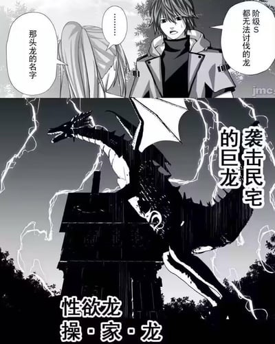 这是一张上下拼接的黑白原创漫画梗图，上半部分呈现两位动漫角色的对话场景：男性角色神情严肃地告知女性角色，存在一头阶级S级、无人能讨伐的龙，女性角色随即询问这头龙的名字；下半部分则展示了这头巨龙盘踞在民宅之上、伴随雷电袭击房屋的画面，同时标注出龙的名字为‘性欲龙 操·家·龙’。
这里运用了低俗谐音梗：‘操家龙’字面意思是糟蹋房屋的龙，同时‘操’字带有性暗示，搭配‘性欲龙’的名字，制造出荒诞又低俗的反差搞笑效果。