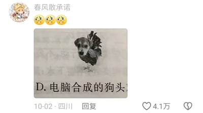 这是一条发布于2024年10月2日、来自四川的短视频平台用户评论回复，发布者昵称是“春风散承诺”，头像为一个带有“SAMPLE”水印的卡通人物。回复内容包含三个😳的惊讶表情，以及一张趣味合成图片：图片中是一个将狗头与鸡身拼接在一起的虚构生物，下方配有文字选项“D.电脑合成的狗头”。这条回复以合成图对应选项内容，形成了滑稽的呼应效果，因此获得了4.1万的点赞，是评论区的高赞互动内容，整体风格搞笑有趣，属于用户的趣味玩梗。
