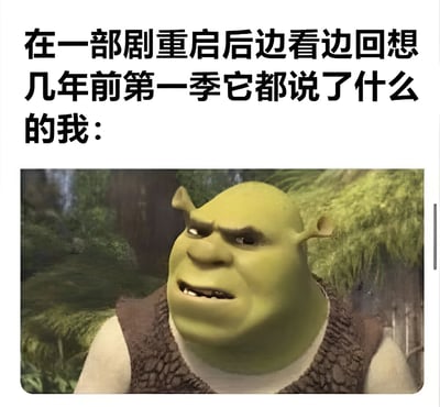图片上方为黑色文字：“在一部剧重启后边看边回想几年前第一季它都说了什么的我：”，下方是动画电影《怪物史莱克》中的主角史莱克的截图。史莱克呈现出眉头紧锁、眼神困惑、嘴角微撇的表情，仿佛正在努力回忆却毫无头绪，生动形象地表现了观众观看重启剧集时试图回忆前作剧情的无奈与困惑状态。