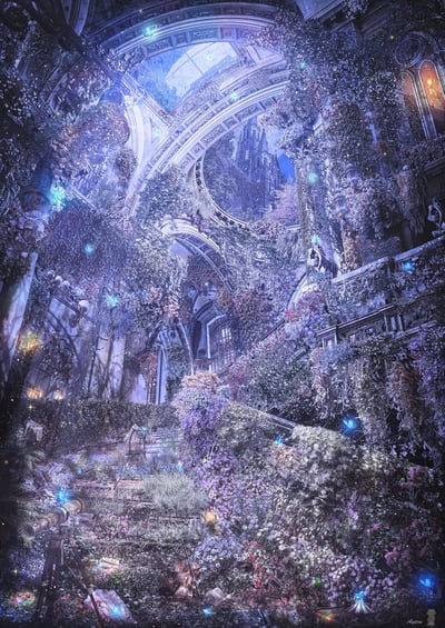 这是一幅充满奇幻氛围的夜景图，欧式复古风格的穹顶建筑被茂密的花草藤蔓彻底覆盖，仿佛已经被自然接管。画面以静谧的蓝紫色为主色调，穹顶的玻璃天窗透出深邃夜空，远处可见哥特式尖顶建筑的轮廓。地面上散落着被植物半掩的望远镜、小提琴与旧书本，仿佛诉说着这里曾经的故事。发光的蓝色蝴蝶和点点荧光在花草间飞舞，为这个被遗忘的空间增添了灵动的魔法气息，整体场景像是现实与童话交织的秘境，充满了神秘感和浪漫的荒芜感。