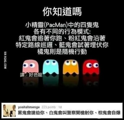 这是一张静态图文混排梗图，上方内容介绍了经典街机游戏《吃豆人（Pac-Man）》中四只鬼的不同行为逻辑：红鬼会持续追逐玩家，粉红鬼沿着固定路线巡逻，蓝鬼会伺机埋伏玩家，橘鬼采取随机行动；下方是社交平台9GAG用户yoshshmenge的评论，该评论以玩梗的方式虚构了三种不存在的鬼的行为，内容涉及不当刻板印象，属于不恰当的恶意玩梗。