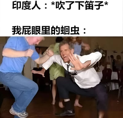 这是一张搞笑梗图，上方文字分为两行："印度人：*吹了下笛子*"和"我屁眼里的蛔虫："。下方是一张动态感十足的图片，显示几个人在室内疯狂跳舞，其中穿白衬衫打领带的男子表情夸张，双手张开做出舞蹈动作，背景还有其他人也在跟着舞动。图片通过荒诞的比喻制造笑点，将印度人吹笛子（可能影射传统耍蛇文化）与蛔虫的反应联系起来，暗示蛔虫会像蛇一样对笛声产生类似跳舞的反应。
