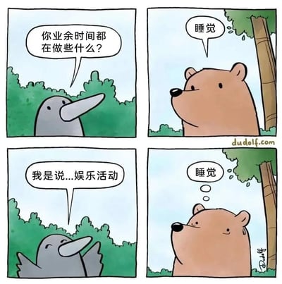 这是一幅四格连环卡通漫画，场景设定在户外树林中。第一格，一只灰色长嘴鸟向棕熊提问：“你业余时间都在做些什么？”；第二格，棕熊简洁地回答“睡觉”；第三格，鸟无奈地补充说明，强调自己问的是“娱乐活动”；第四格，棕熊通过思考气泡再次给出“睡觉”的答案，将睡觉当作自己的娱乐活动，用这种重复且反差的回答制造出冷幽默效果，展现出动物视角里简单纯粹的日常认知。