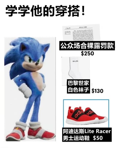 图片左侧是卡通角色索尼克，他蓝色身体、白色手套、红色运动鞋，双手叉腰自信站立。上方大字标题为“学学他的穿搭！”。右侧从上到下依次是：一张标注“公众场合裸露罚款 $250”的文件截图、一双“巴黎世家白色袜子 $130”的商品图、一双“阿迪达斯Lite Racer男士运动鞋 $50”的商品图。整体通过将索尼克标志性的简约“穿搭”（几乎全裸仅穿鞋袜）与高价品牌单品及裸露罚款单并列，形成幽默反差，调侃时尚圈高价单品与实际穿着的荒诞对比。