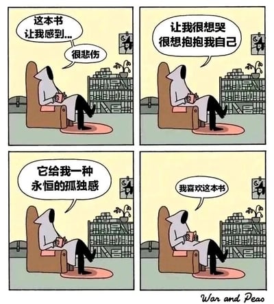 这是一幅四格连环卡通漫画，画面场景是一个摆放着书架的房间，一位戴着兜帽的卡通人物坐在单人沙发上阅读书籍。通过四格的对话，人物逐步抒发自己的读书感受：第一格他表示这本书让自己感到很悲伤；第二格说这本书让自己很想哭，想要抱抱自己；第三格提到这本书给了自己一种永恒的孤独感；第四格则总结道“我喜欢这本书”。漫画通过这种情绪的递进，刻画了读者被书籍中悲伤、孤独的情绪深深触动，却又因这种精准的情绪共鸣而爱上这本书的心理，细腻地展现了阅读过程中，读者与书籍之间强烈的情绪共鸣体验。