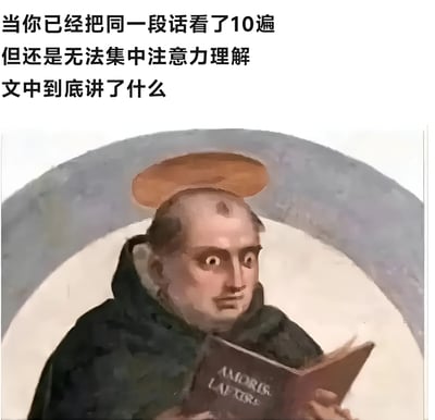 图片上方有三行中文文字：'当你已经把同一段话看了10遍但还是无法集中注意力理解文中到底讲了什么'。下方是一幅经过改编的宗教风格绘画，画中一位光头修士头戴金色光环，身穿深色长袍，正手持一本名为'AMORIS LATITIA'的书籍阅读。修士表情呆滞，双眼圆睁，流露出明显的困惑和不解，与他头上象征神圣的光环形成幽默反差，生动表现了人们阅读时注意力不集中、无法理解内容的常见困境。