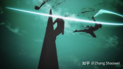 这是《进击的巨人》中的高能战斗画面：利威尔·阿克曼借助立体机动装置在空中高速突进，挥出的刀刃带着亮眼的白色光效，精准斩断无垢巨人的脖颈，巨人的头部已经被砍落飞溅而出，身体还依附在尖塔状物体上。青绿色的阴沉天空作为背景，凌厉的刀光、飞溅的碎屑，将战斗的紧张感与利威尔强悍的战力拉满，画面极具冲击力。