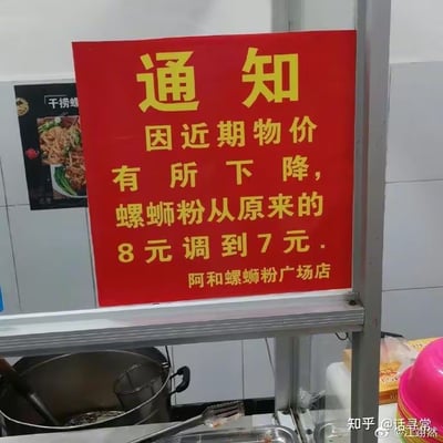 这是一张线下螺蛳粉店铺的实拍图，画面核心是一块红底黄字的通知牌，上面清晰写着：“通知 因近期物价有所下降，螺蛳粉从原来的8元调到7元. 阿和螺蛳粉广场店”。背景中能看到店内的不锈钢厨具，还有一张干捞螺蛳粉的宣传海报，整体是普通小吃店的日常环境。这则通知一反餐饮行业常见的涨价趋势，商家因物价下调主动降低餐品售价，显得十分实在暖心，没有双关、谐音梗等特殊内容。