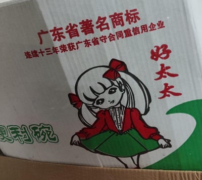 图片展示了一个产品包装，主要包含红色和绿色的文字标识以及一个卡通女孩形象。上方有红色文字'广东省著名商标'和'连续十三年荣获广东省守合同重信用企业'，右侧有竖排红色文字'好太太'，左下方有绿色文字'康利碗'。中央是一个卡通女孩形象，她有着白色长发，头上和两侧头发上各有一个红色蝴蝶结，身穿红色上衣和绿色裙子，双手提起裙摆。