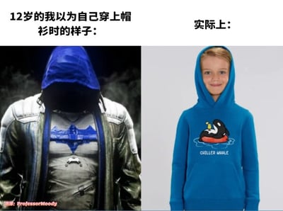 这是一张左右结构的对比类梗图，左侧上方配文“12岁的我以为自己穿上帽衫时的样子：”，对应配图是DC相关作品中身着带蓝色兜帽的暗黑酷炫战斗服的超级英雄形象，兜帽遮挡住脸部，整体气场冷酷帅气，充满氛围感；右侧上方配文“实际上：”，对应配图是一名金发小男孩穿着印有卡通虎鲸度假图案的蓝色儿童款帽衫，面带天真微笑，充满稚气。两张图形成强烈的反差感，调侃了少年时期对自身穿搭的美好想象和实际效果的巨大落差，很容易引发大众的共鸣。