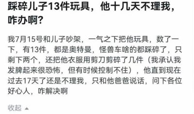 一位家长分享了自己的家庭困扰：7月15日和儿子发生争吵后，一气之下踩碎了儿子13件奥特曼、怪兽车类的玩具，还剪碎了儿子几件衣服，之后儿子连续17天对她不理不睬，只和爸爸交流，这位家长因此发帖求助网友，希望能找到修复亲子关系的办法。