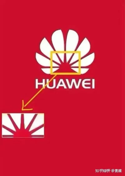 这张图片以红色为整体背景，主体展示了华为品牌的白色花瓣状官方标志。图中用黄色方框框选了标志的中间核心局部区域，并通过黄色箭头将该区域指向下方的放大细节图，把原本标志中花瓣的连接部分放大后，呈现出具有放射形态的图形，属于对品牌标志的趣味化细节拆解展示，图中不存在双关、谐音梗或暗示性内容。
