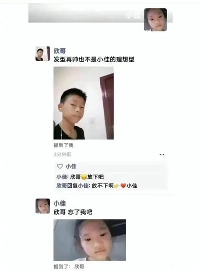 这是一张社交媒体聊天记录截图，展示了欣哥和小佳之间的情感对话。欣哥似乎对小佳有好感，发布了一张自己的照片并配文'发型再帅也不是小佳的理想型'。小佳回复让欣哥'放下吧'，欣哥表达'放不下啊'并加上了爱心表情。最后小佳让欣哥'忘了我吧'并附上自己的照片。整个对话展现了一段单恋被拒绝的情景，带有幽默和无奈的情感。