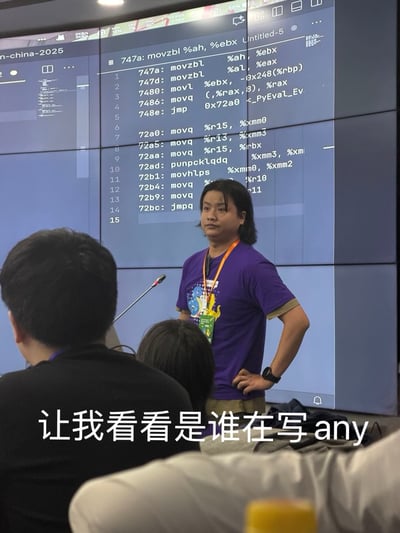 图片中一位身穿紫色T恤、佩戴挂绳的人士站在大型多屏显示器前，屏幕上显示着多行代码（包含movzb1、jmp等指令）。前方有观众面向演讲者。图片底部叠加文字“让我看看是谁在写 any”，以幽默方式调侃代码中使用“any”这一不规范做法的现象。