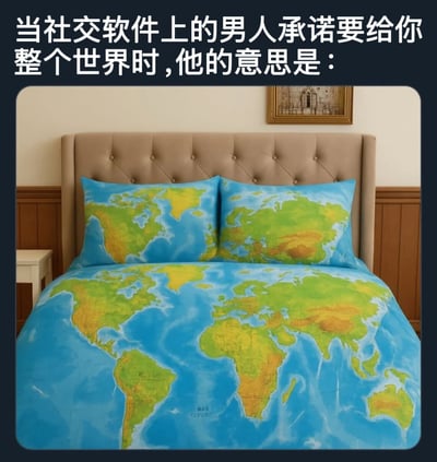 图片上方配有文字“当社交软件上的男人承诺要给你整个世界时，他的意思是：”，下方展示了一张床，床上的床单和枕头套均印有清晰的世界地图图案。通过这种图文结合的方式，幽默地讽刺了社交软件上部分男性承诺与现实的差距，暗示所谓的“整个世界”实际上只是带有世界地图印花的床上用品，形成有趣的反差萌。